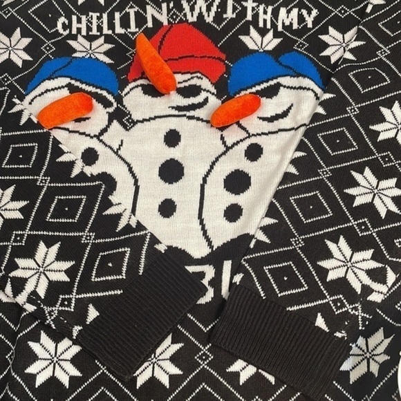 Fair Isle Holiday Sweater Black White Snowflake Snowman unisex Top Sz med - Picture 6 of 7